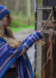 Fair Isle wristlets and matching poncho and beanie, in a blue and purple combination