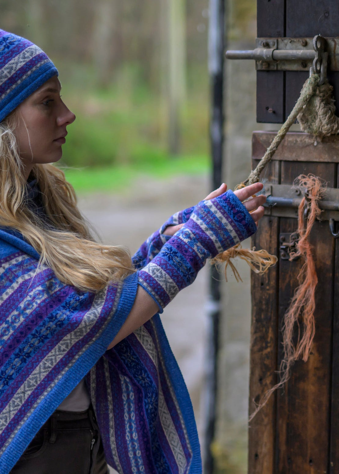 Fair Isle wristlets and matching poncho and beanie, in a blue and purple combination