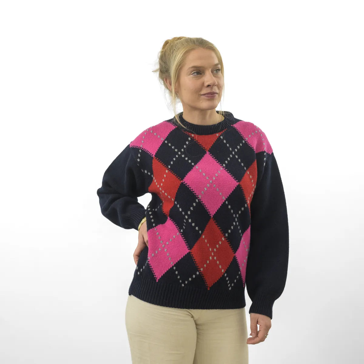 Women’s Chunky Argyle Jumper, colour Nero Navy with Punk Pink, Ruby Red and Flannel Grey Raker