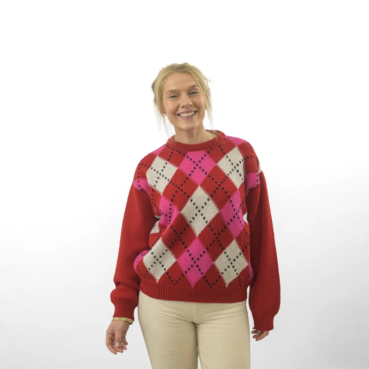 Women’s Chunky Argyle Jumper, colour Ruby Red with Punk Pink, Nuage and Nero Navy Raker