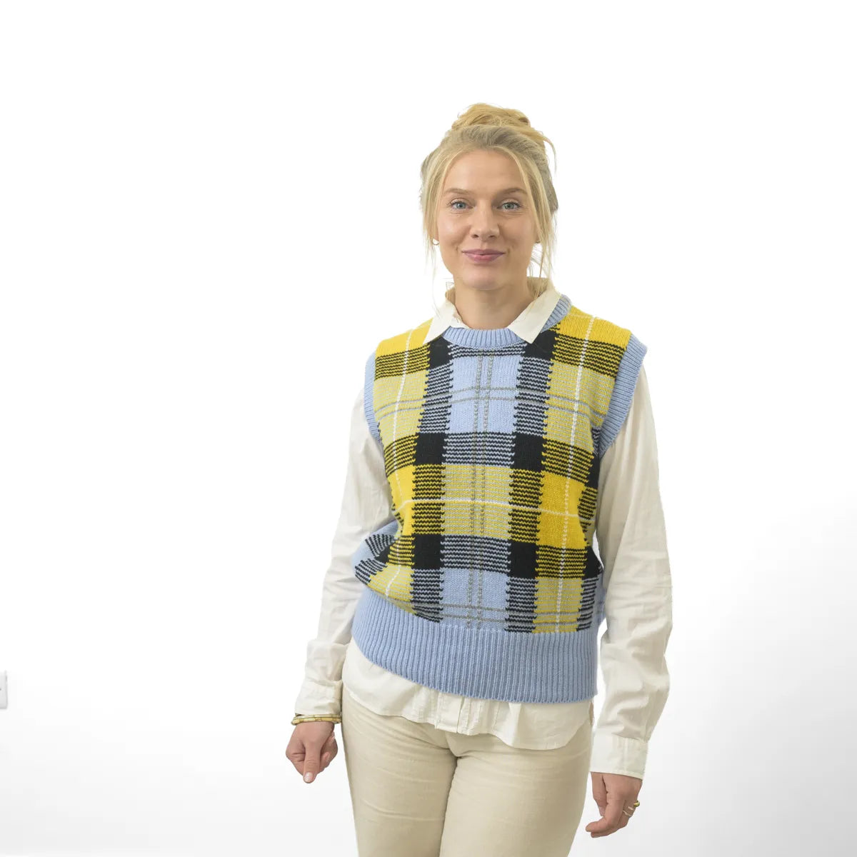 Women’s Tartan Tank, colour Mirage Blue with Corona Yellow, Black, Flannel Grey and White Undyed Raker