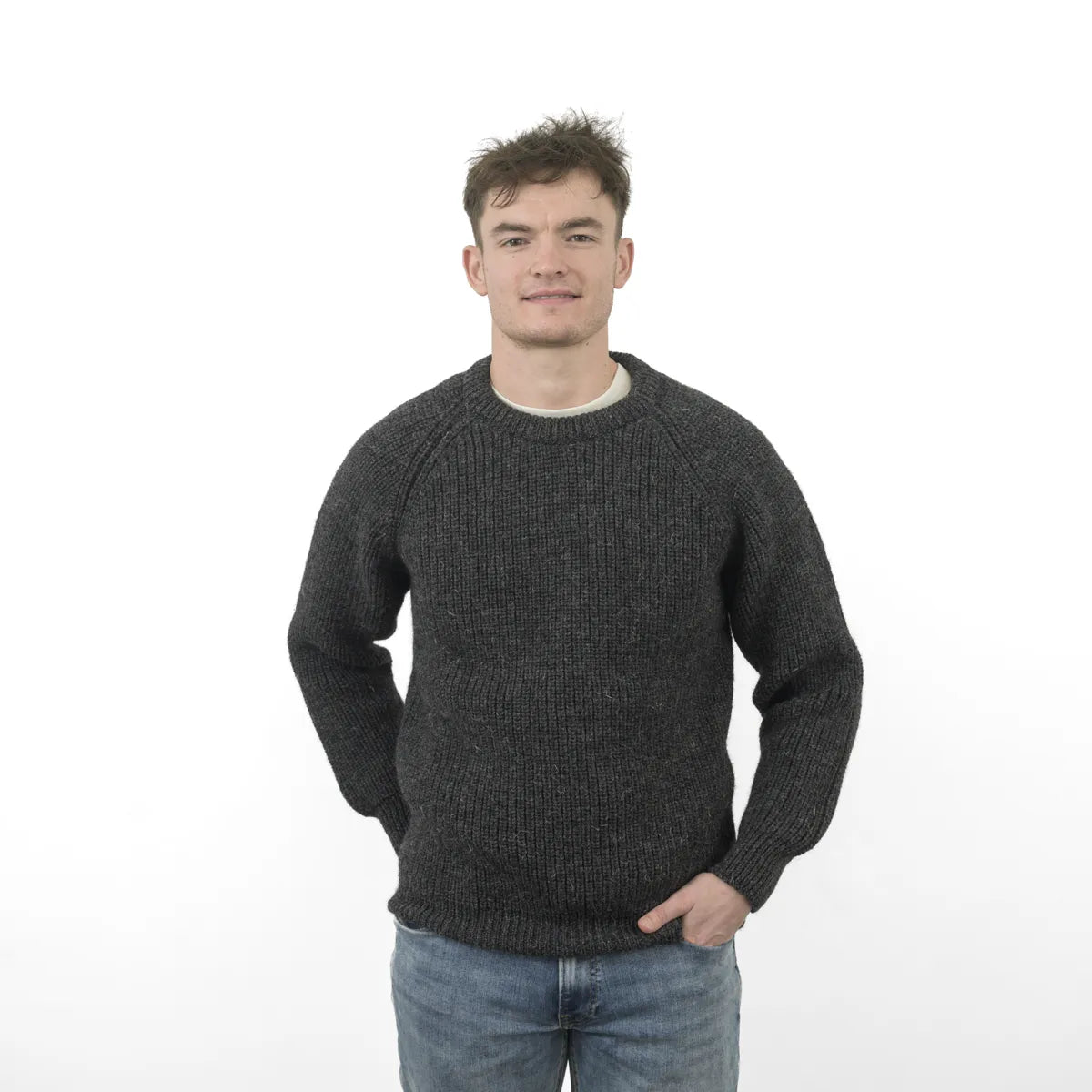 Men’s Fisherman Rib Crew Neck Jumper, colour Charcoal