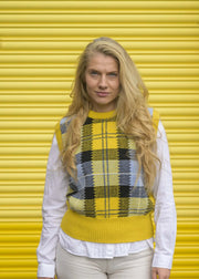 Women’s Tartan Tank, colour Corona Yellow with Mirage Blue, Black, Denby Grey and White Undyed Raker