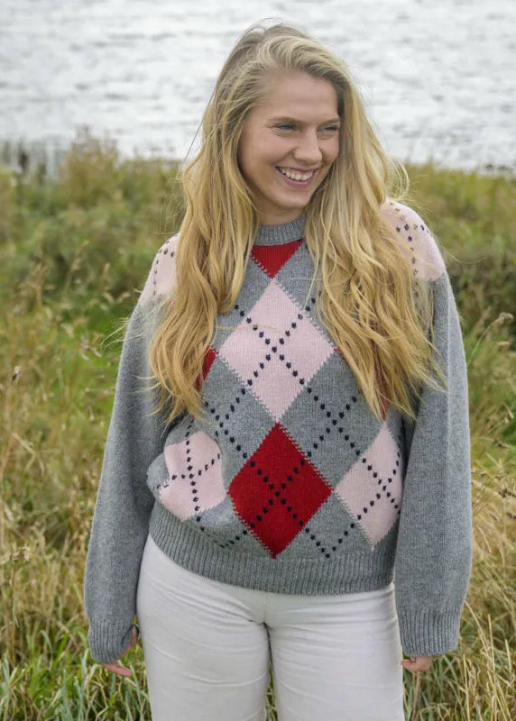 Women’s Chunky Argyle Jumper, colour Flannel Grey with Nymph Pink