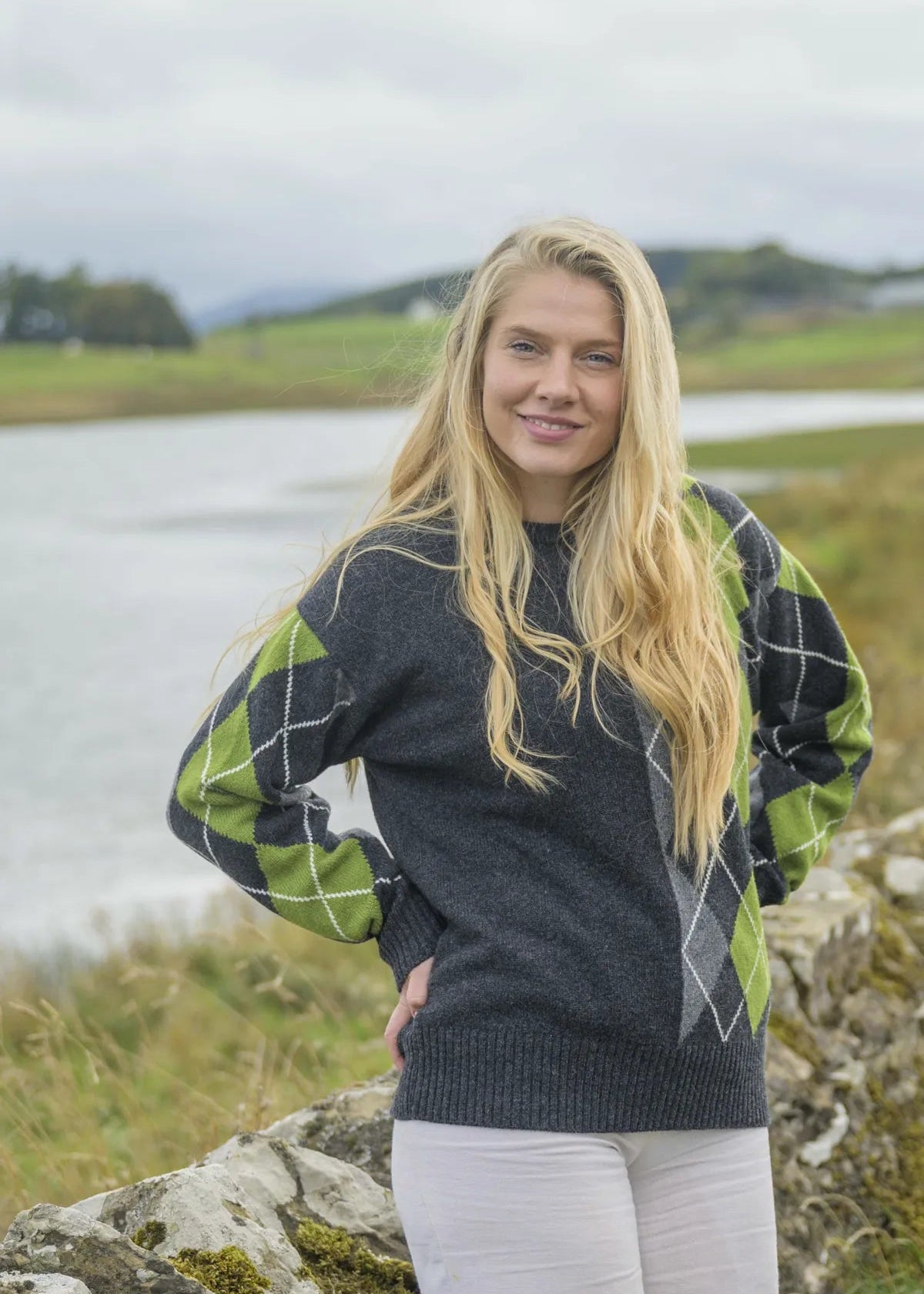 Women’s Abstract Argyle Jumper, colour Charcoal with Grey, Green and Ecru raker