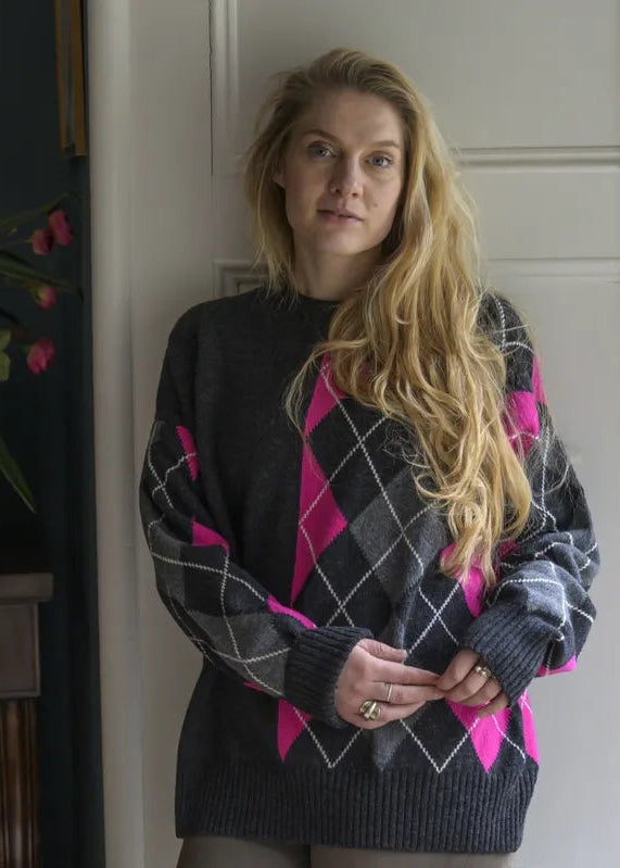 Women’s Abstract Argyle Jumper, colour Charcoal with Grey, Punk Pink and Ecru raker