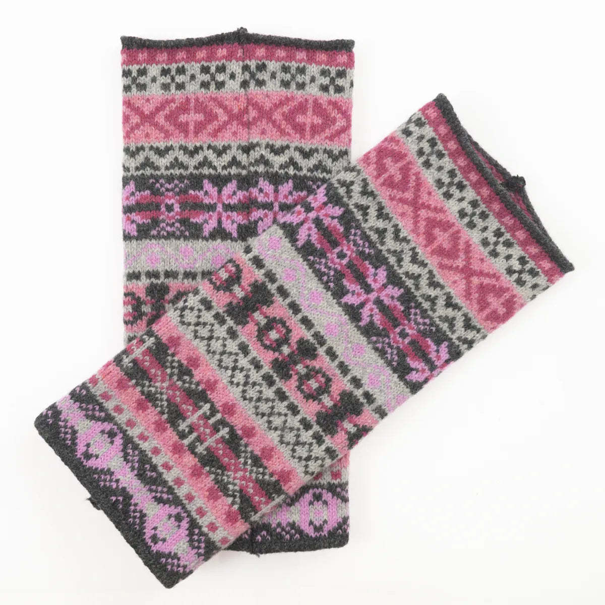 Fair Isle wristlets in charcoal and pink colour mix
