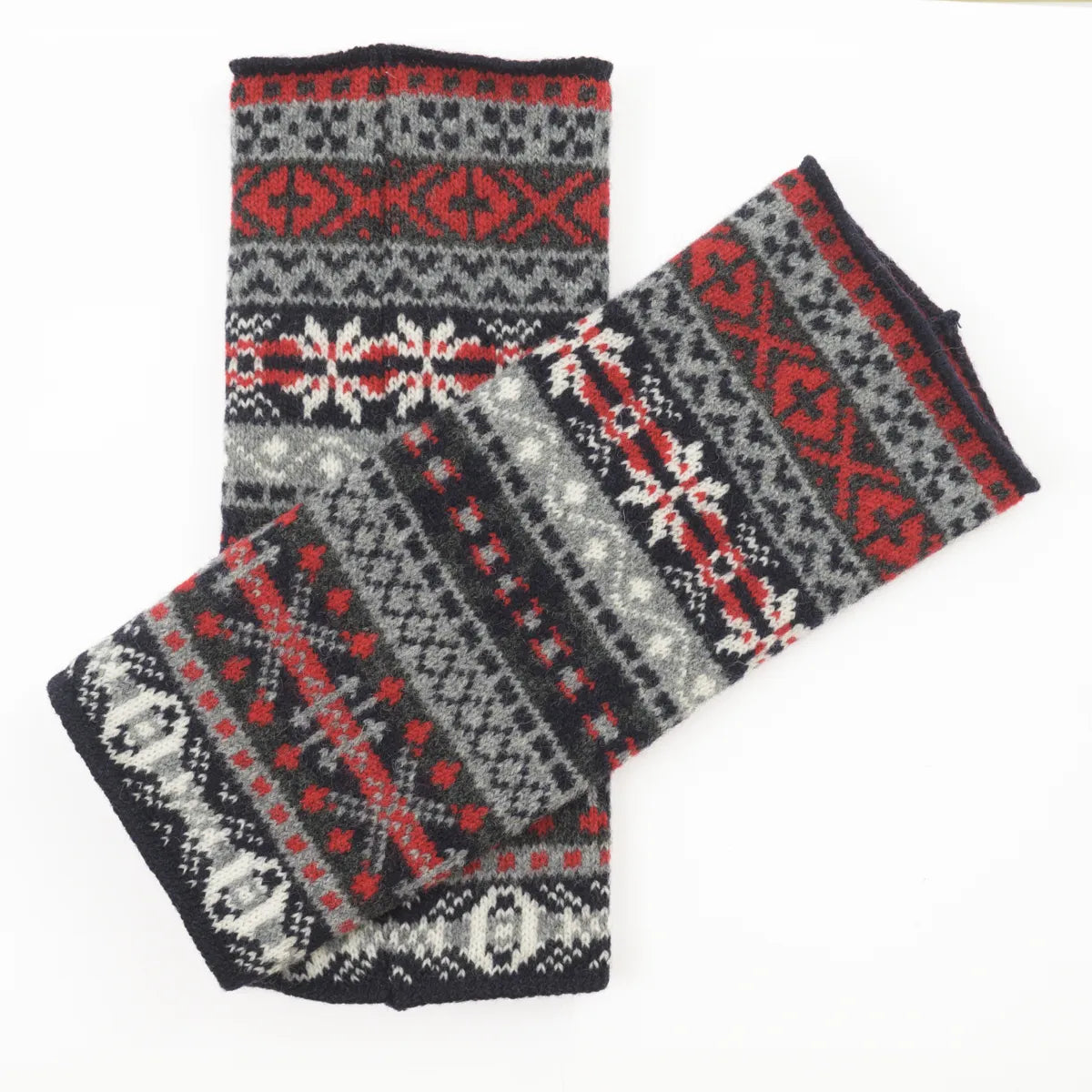 Faire Isle wristlets in black and red colour combination