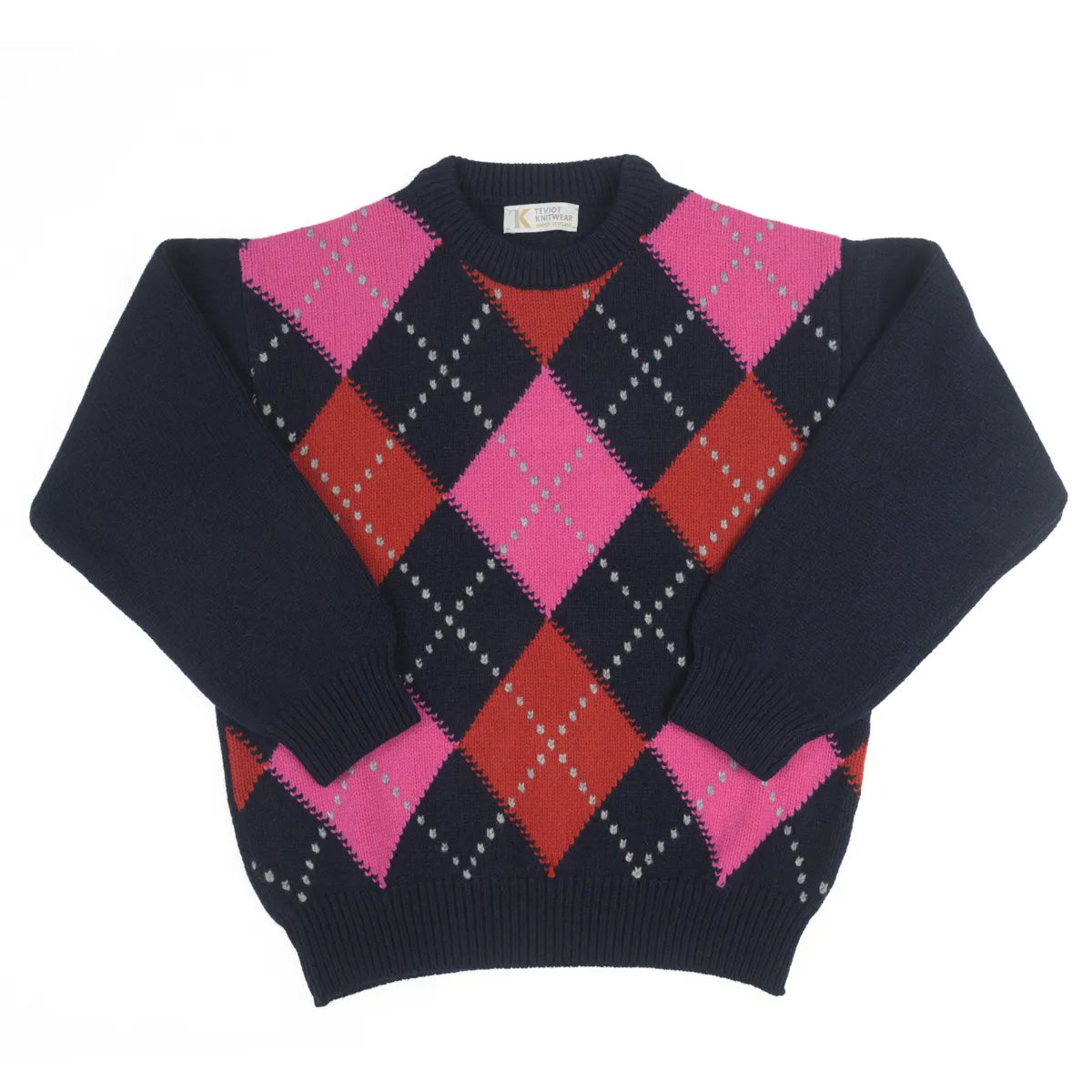 Women’s Chunky Argyle Jumper, colour Nero Navy with Punk Pink, Ruby Red and Flannel Grey Raker