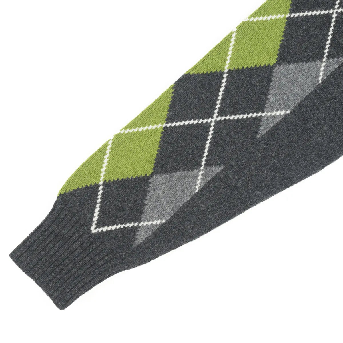 Argyle sleeve, Women’s Abstract Argyle Jumper, colour Charcoal with Grey, Green and Ecru raker