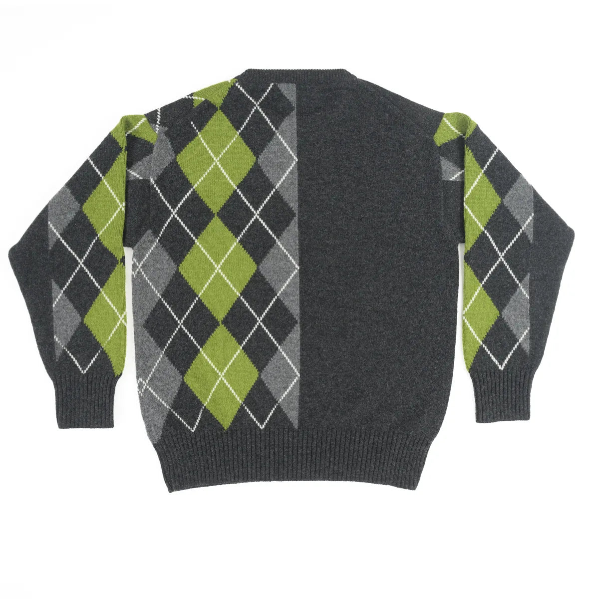 Women’s Abstract Argyle Jumper, colour Charcoal with Grey, Green and Ecru raker, rear view