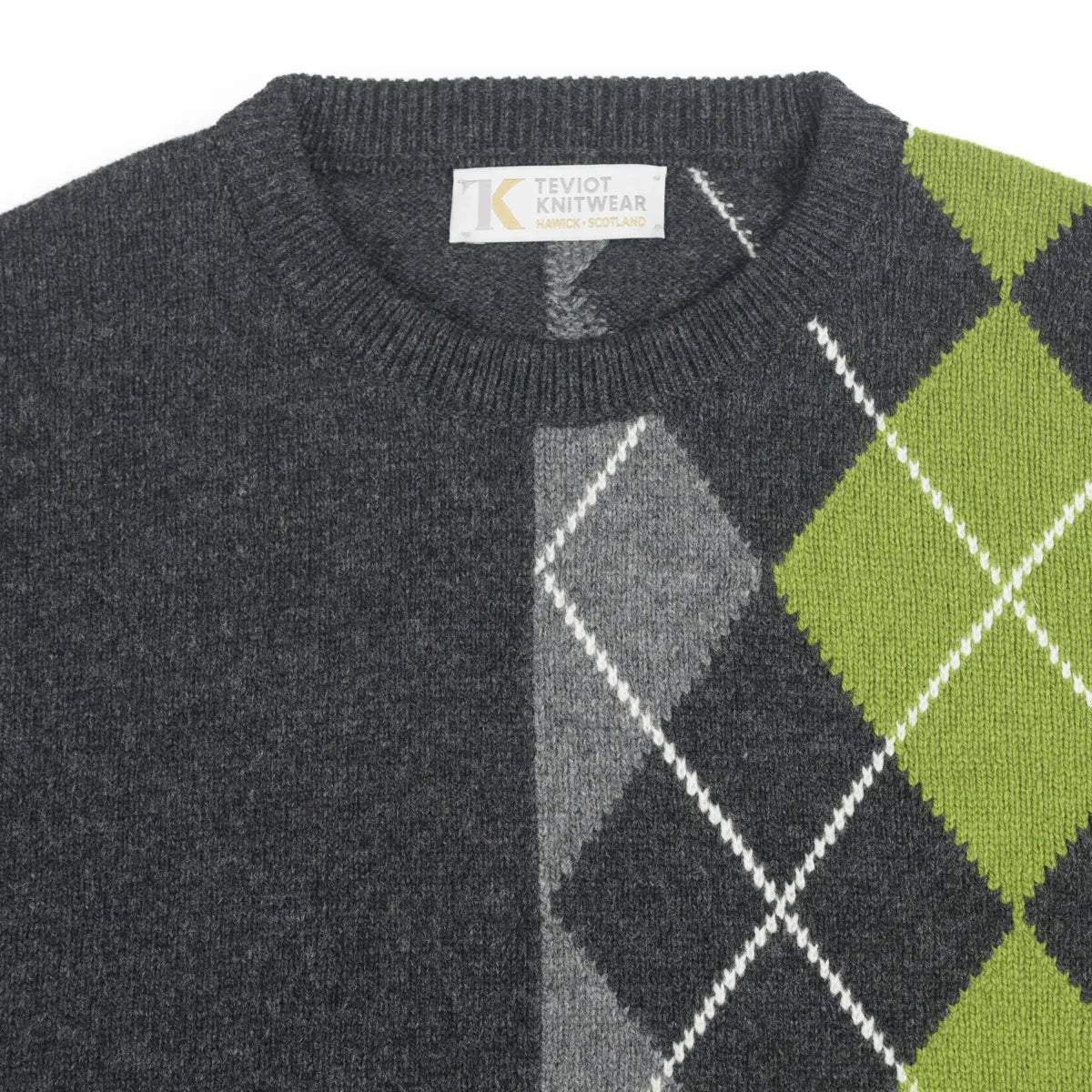 Women’s Abstract Argyle Jumper, colour Charcoal with Grey, Green and Ecru raker, round neck detail