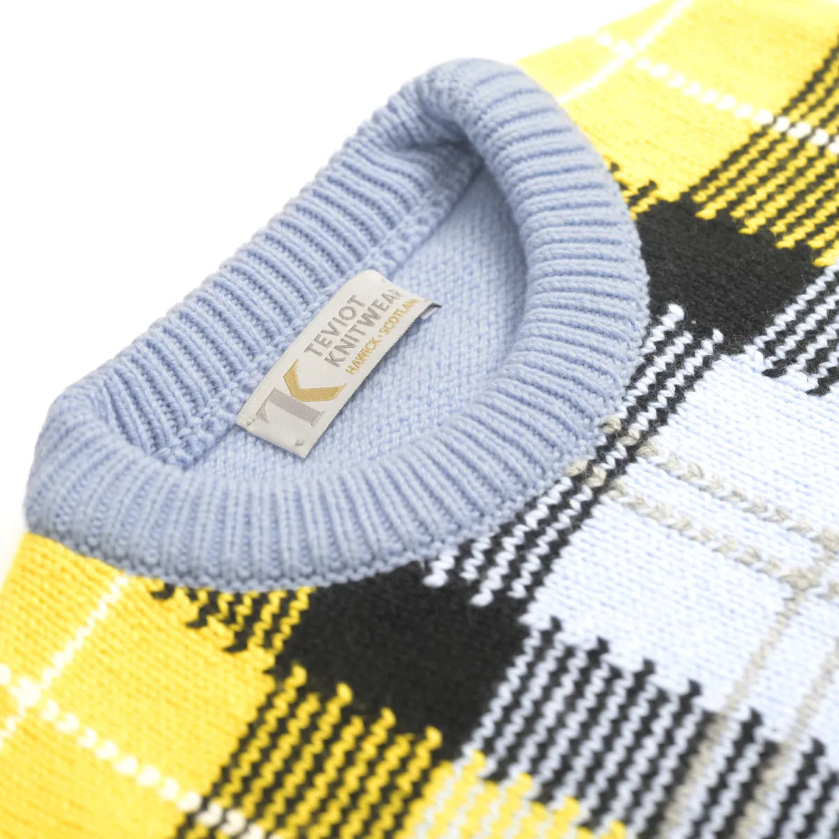 Women’s Tartan Tank, colour Mirage Blue with Corona Yellow, Black, Flannel Grey and White Undyed Raker, round neck detail