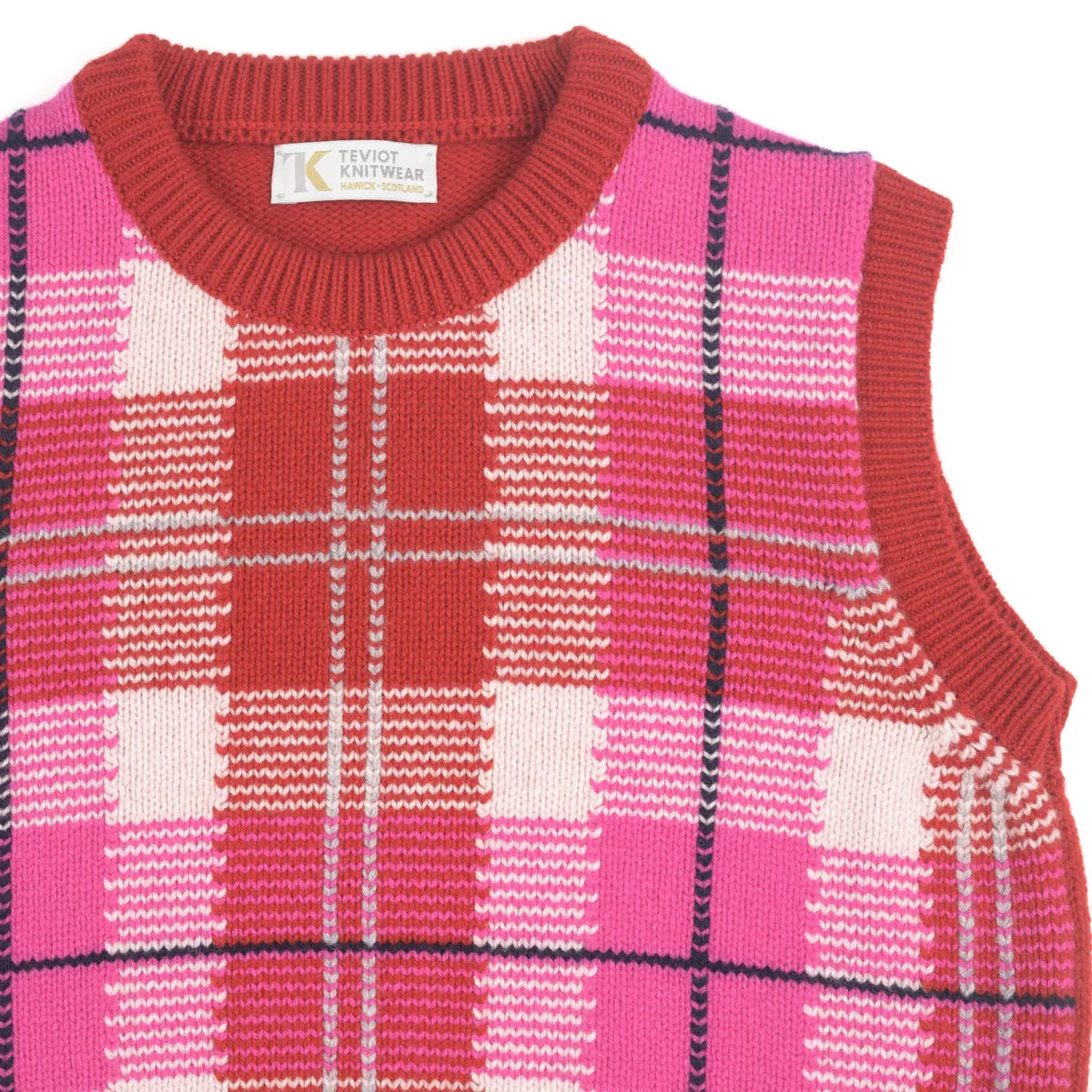 Women’s Tartan Tank, colour Ruby Red with Punk, Nymph, Grey and Nero Navy Raker, neck and hem detail