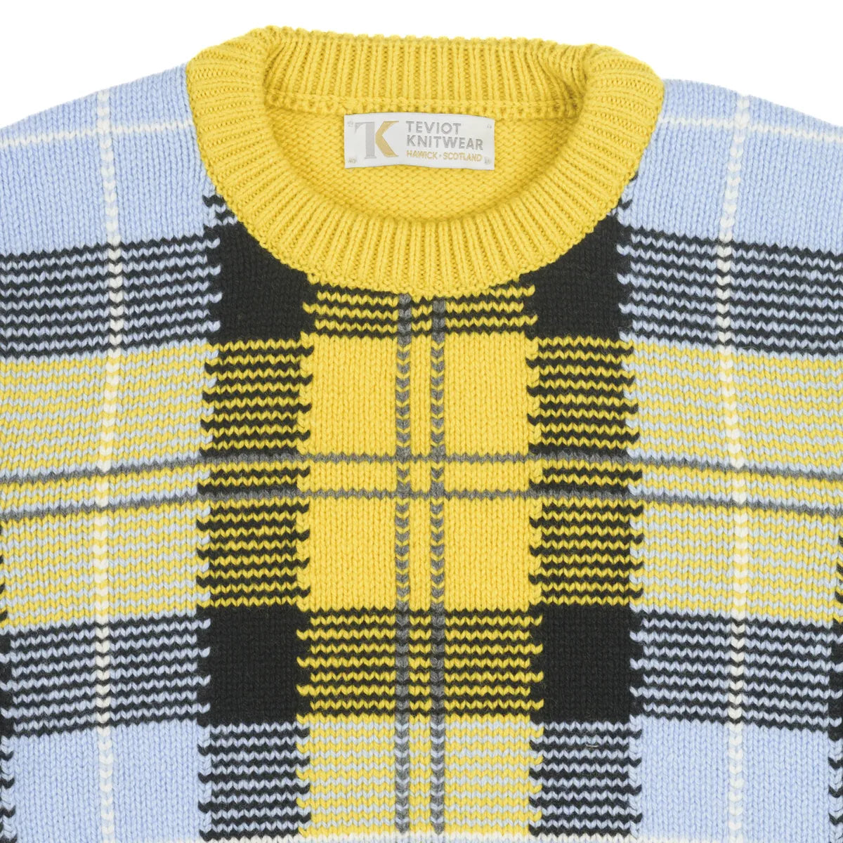 Women’s Tartan Tank, colour Corona Yellow with Mirage Blue, Black, Denby Grey and White Undyed Raker, round neck detail