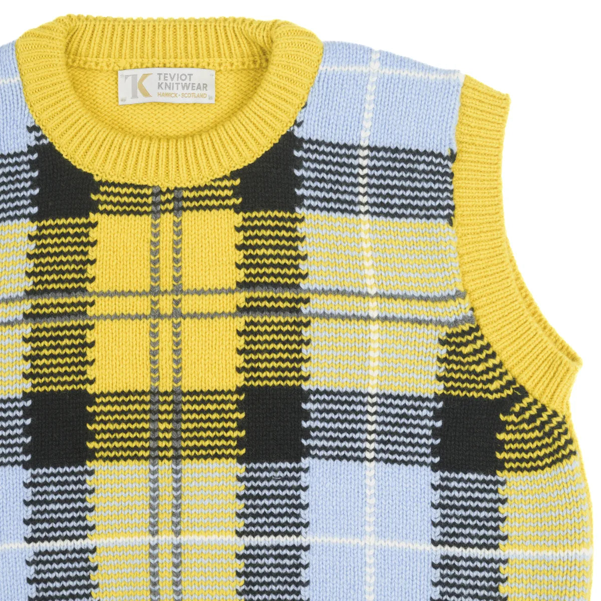 Women’s Tartan Tank, colour Corona Yellow with Mirage Blue, Black, Denby Grey and White Undyed Raker, neck and sleeve detail