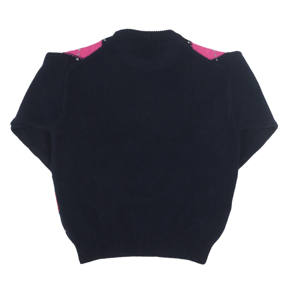 Rear detail, Women’s Chunky Argyle Jumper, colour Nero Navy with Punk Pink, Ruby Red and Flannel Grey Raker