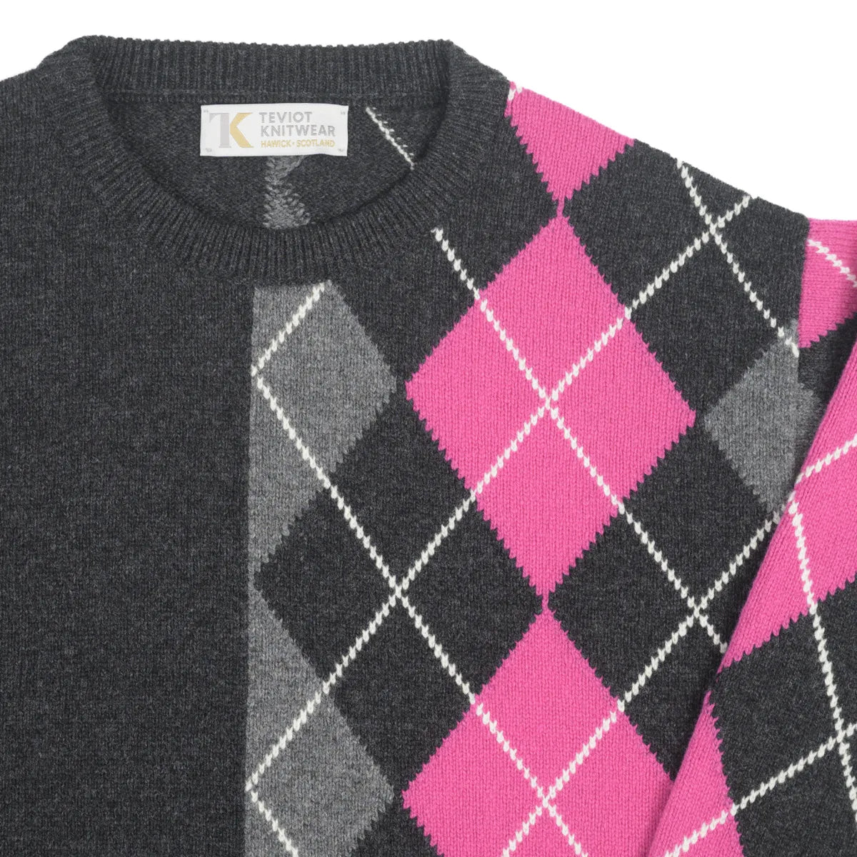 Women’s Abstract Argyle Jumper, colour Charcoal with Grey, Punk Pink and Ecru raker round neck detail