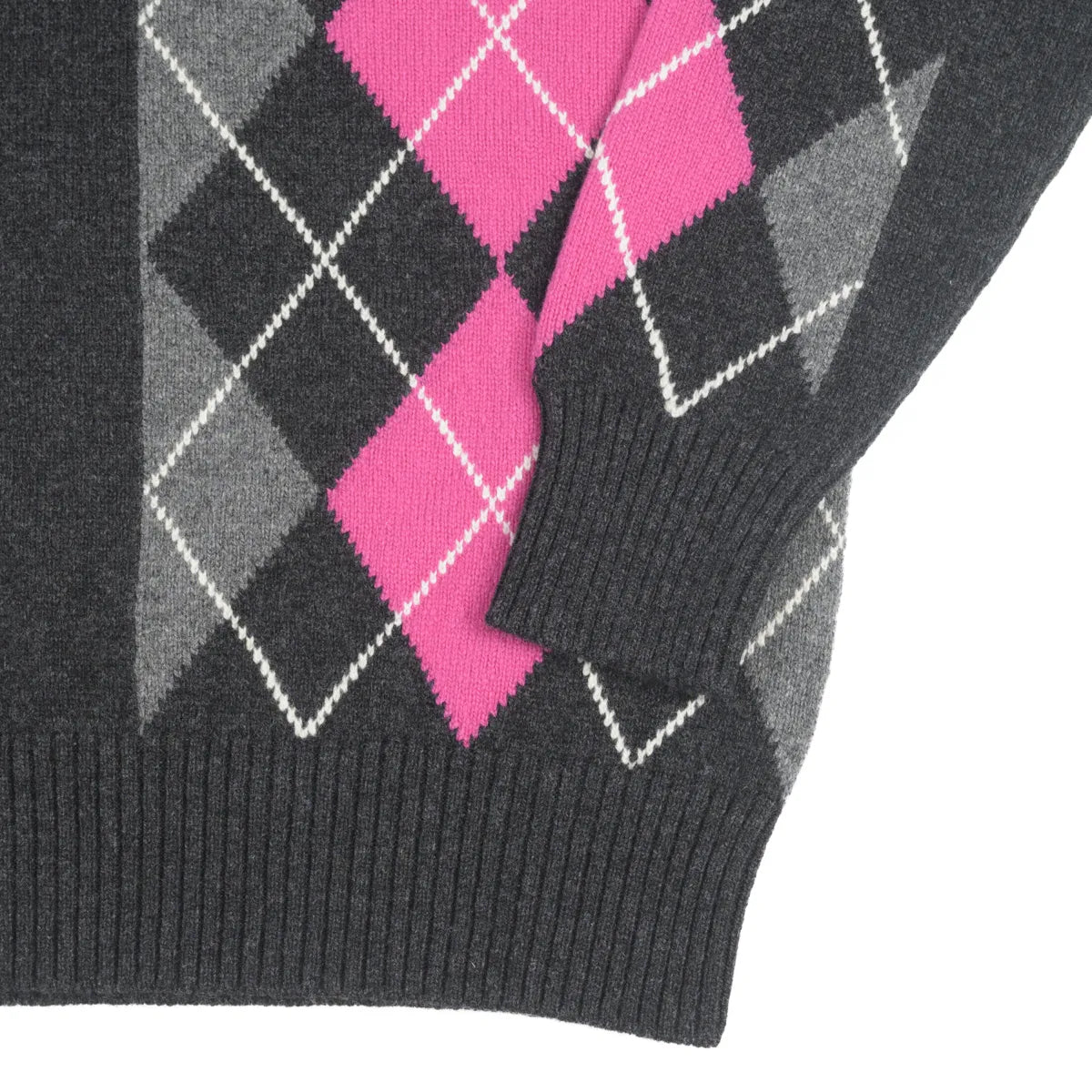 Women’s Abstract Argyle Jumper, colour Charcoal with Grey, Punk Pink and Ecru raker, ribbed hem