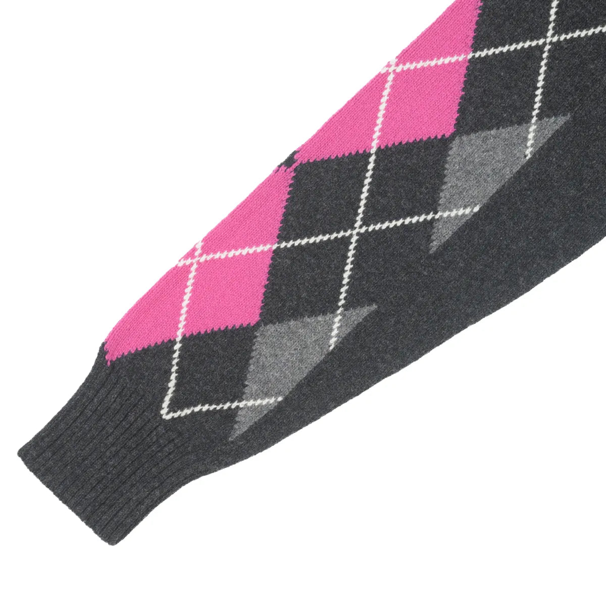 Argyle sleeve, Women’s Abstract Argyle Jumper, colour Charcoal with Grey, Punk Pink and Ecru raker