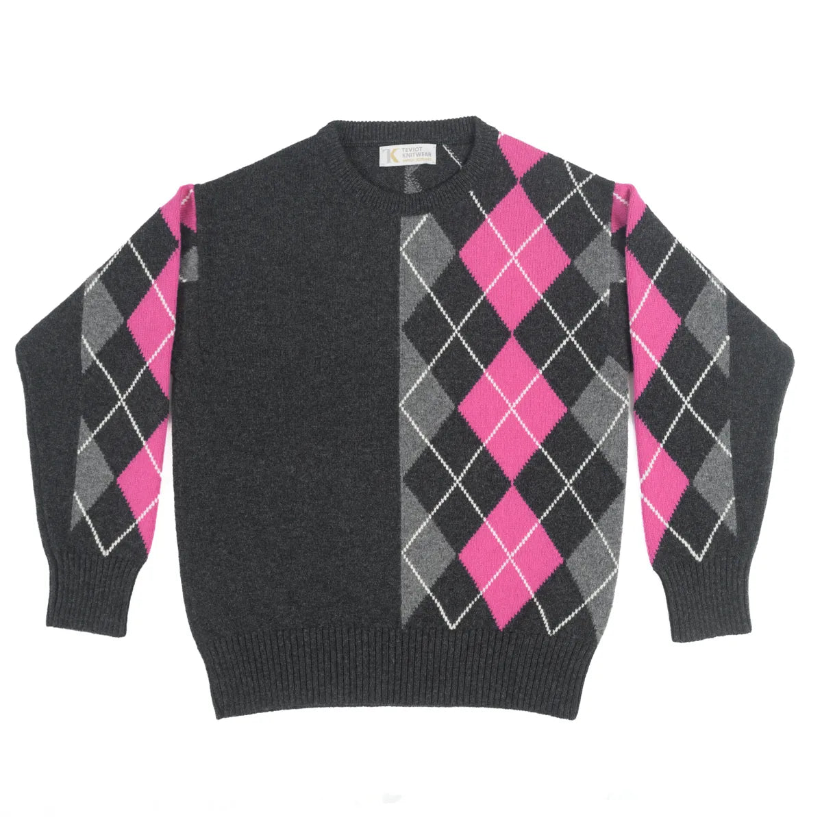 Women’s Abstract Argyle Jumper, colour Charcoal with Grey, Punk Pink and Ecru raker